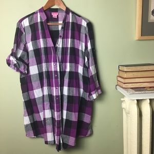 Purple plaid tunic top button down 3/4 pintuck